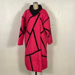 Vintage 80s Hot Pink Puffer Coat w Velvet Abstract Medium